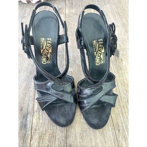 Salvatore Ferragamo Black Crocodile Embossed Leather Slingback Heel Sandals, siz